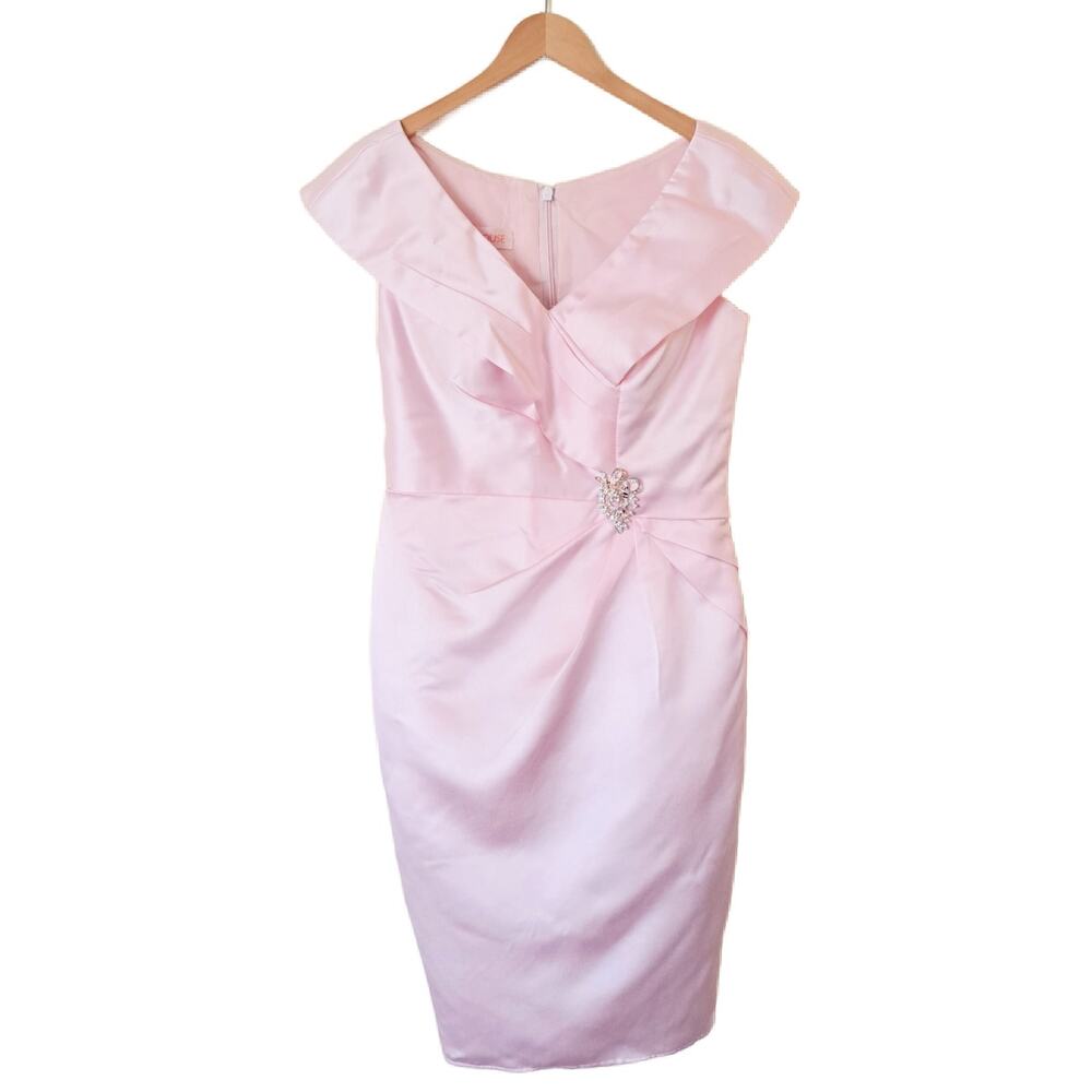 NWT JJ's House Pink Satin Cocktail Dress Size 10 V-neck Pleated w/ Brooch Retro - Picture 8 of 12